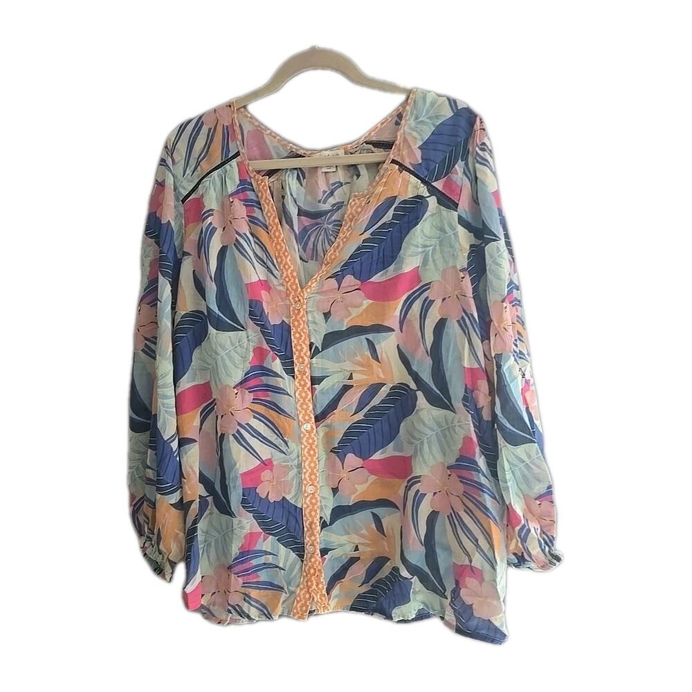 Sundance Multicolor Tropical V-Neck Button Front Long Sleeve Top Womans Size 2XL